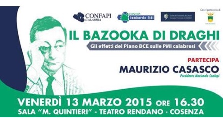 “Il Bazooka di Draghi”. Convetion sul credito organizzata da Confapi Calabria L’incontro, che si terrà venerdì prossimo al Teatro Rendano di Cosenza ,vedrà la partecipazione del presidente nazionale Confapi, Maurizio Casasco