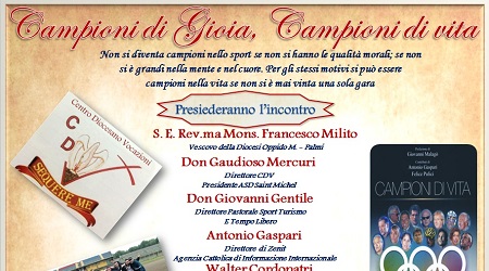 A Gioia il convegno “Campioni di Gioia, Campioni di Vita” L'evento è organizzato dalla società calcistica Asd Saint Michel insieme al Centro Diocesano Vocazioni