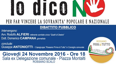 Referendum, la destra rossanese scende in campo Giovedì incontro-dibattito allo Scalo. Alfieri: "Diciamo No alla deriva oligarchica di Renzi"