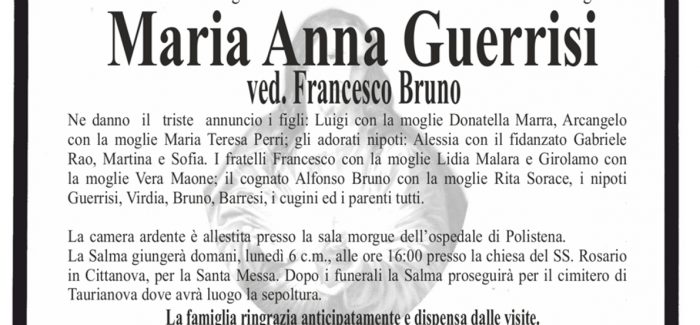 Cittanova, è morta Maria Anna Guerrisi I funerali si svolgeranno domani 6 marzo presso la chiesa del SS Rosario 