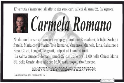 Taurianova, è morta Carmela Romano I funerali si svolgeranno oggi 27 marzo alle ore 16,00