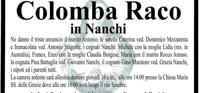 Taurianova, si è spenta Colomba Raco I funerali si terranno domani alle 16