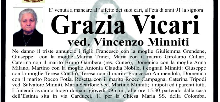 Taurianova, si è spenta Grazia Vicari I funerali avranno luogo domani alle 9