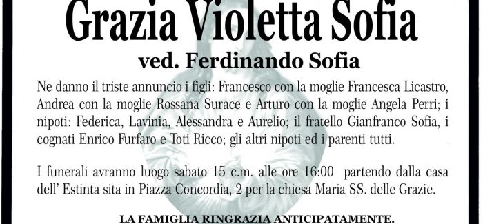 Taurianova, è morta Grazia Violetta Sofia I funerali si svolgeranno oggi alle ore 16,00 