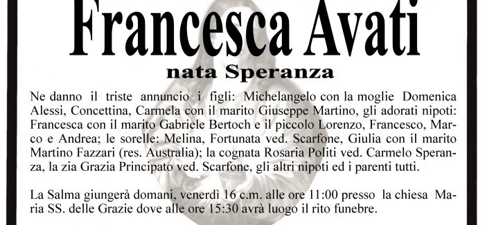 Taurianova, è venuta a mancare Francesca Avati Il rito funebre avrà luogo domani alle 15.30