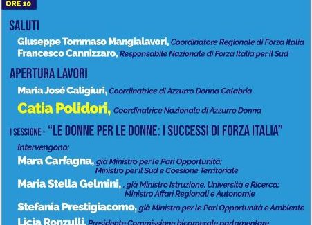 Forza Italia, domani a Villa San Giovanni convention Azzurro Donna con Tajani, Occhiuto, Carfagna e Gelmini Il 24 settembre, a Villa San Giovanni, nella splendida cornice dello Stretto di Messina, si svolgerà la Convention Nazionale del movimento femminile di Forza Italia, Azzurro Donna, da sempre in prima linea per la valorizzazione del ruolo delle donne e la tutela dei loro diritti