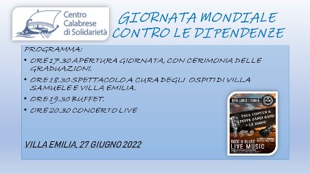 Giornata mondiale contro le dipendenze al Centro Calabrese di solidarietà Il programma di domani 27 giugno