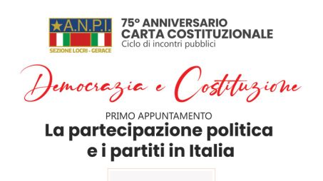 Democrazia e Costituzione, giovedì a Locri si discute di partecipazione politica insieme al prof. Passarelli In occasione del 75esimo anniversario dell’entrata in vigore della nostra Carta costituzionale, la sezione ANPI di Locri-Gerace organizza un ciclo di incontri di approfondimento su alcuni degli articoli fondamentali che compongono quella che è diventata la legge fondamentale per tutti gli italiani, la nostra guida