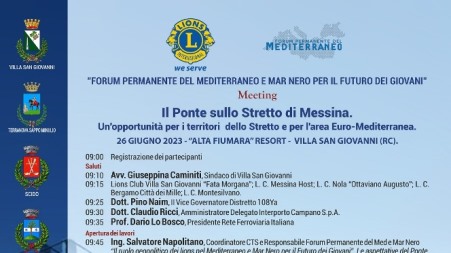 Il Ponte sullo Stretto per lo sviluppo turistico sostenibile delle aree interne del’Area Metropolitana di Reggio Calabria. Programma Il 26 giugno a Villa San Giovanni il "Forum permanente del Mediterraneo e Mar Nero per il futuro dei giovani"