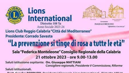 Evento Lions, “La prevenzione si tinge di rosa a tutte le età” Il 21 ottobre presso l'Aula "Federica Monteleone" del Consiglio Regionale della Calabria