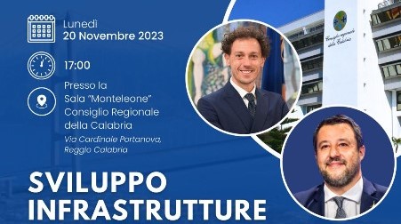 Lega Calabria, Matteo Salvini a Reggio Calabria il 20 novembre per l’evento “Sviluppo, Infrastrutture e Trasporti” Si terrà presso la "Sala Monteleone" del Consiglio Regionale della Calabria e sarà l'occasione per ufficializzare il passaggio di Mattiani da Forza Italia alla Lega