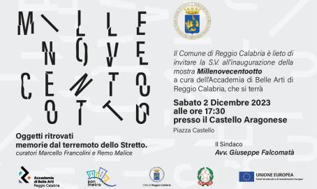 Sabato al Castello Aragonese la mostra sugli reperti storici riemersi dal terremoto dello Stretto del 1908 Alle 17.30 l'inaugurazione del percorso espositivo, realizzato nell'ambito della programmazione Pon Metro 2014-2020 React-Eu, che rimarrà allestito su tre livelli delle sale del Castello Aragonese fino alla fine di Febbraio 2024.