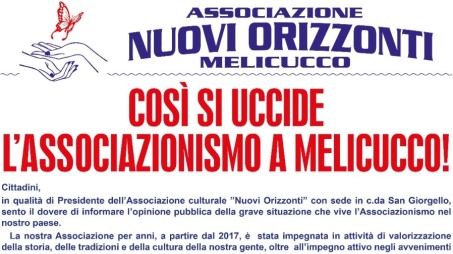 Manifesto Associazione “Nuovi orizzonti” di Melicucco, “Così si uccide l’associazionismo” All'interno della news il manifesto integrale dell'associazione melicucchese