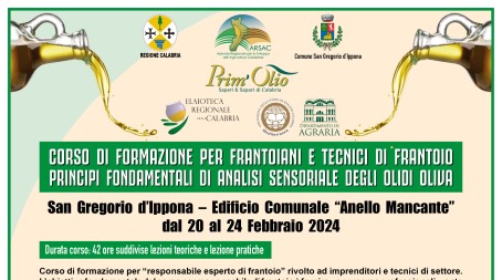 Corso di formazione frantoiani e tecnici di frantoio a San Gregorio d’Ippona Durata corso: 60 ore suddivise lezioni teoriche e lezione pratiche 