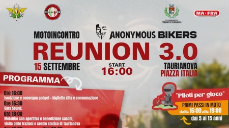 Taurianova, terzo motoincontro consecutivo organizzato dagli Anonymous Bikers Questa giornata, aperta a tutte le moto e scooter, promette emozioni forti e divertimento senza limiti