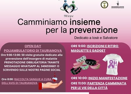 Taurianova, “Camminiamo insieme per la prevenzione” dedicato a Josè e Salvatore Domenica 10 Novembre 2024, l’associazione Risorse e l’associazione 9Hope scendono in piazza per incentivare e sensibilizzare tutta la popolazione sull’importante tema della prevenzione