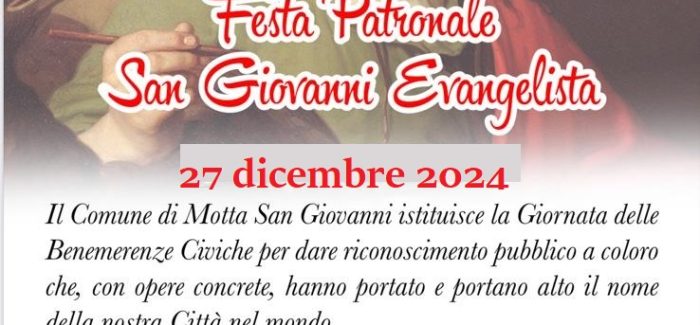 MOTTA SAN GIOVANNI, TUTTO PRONTO PER LA CONSEGNA DELLE BENEMERENZE CIVICHE 2024 Venerdì 27 dicembre, con inizio alle ore 18, presso il Centro sociale “Paolo Capua” di Lazzaro, si svolgerà la cerimonia di consegna delle Benemerenze civiche