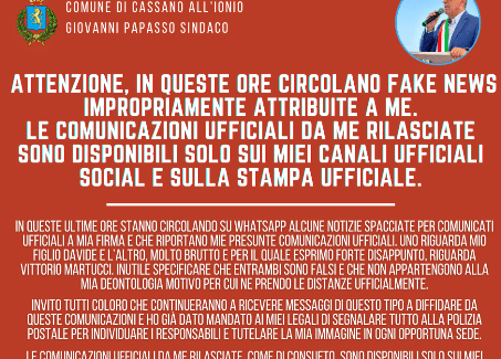 Cassano, sindaco Papasso, “In queste ore circolano fake news impropriamente attribuite a me” Uno riguarda mio figlio Davide e l'altro, molto brutto e per il quale esprimo forte disappunto, riguarda Vittorio Martucci